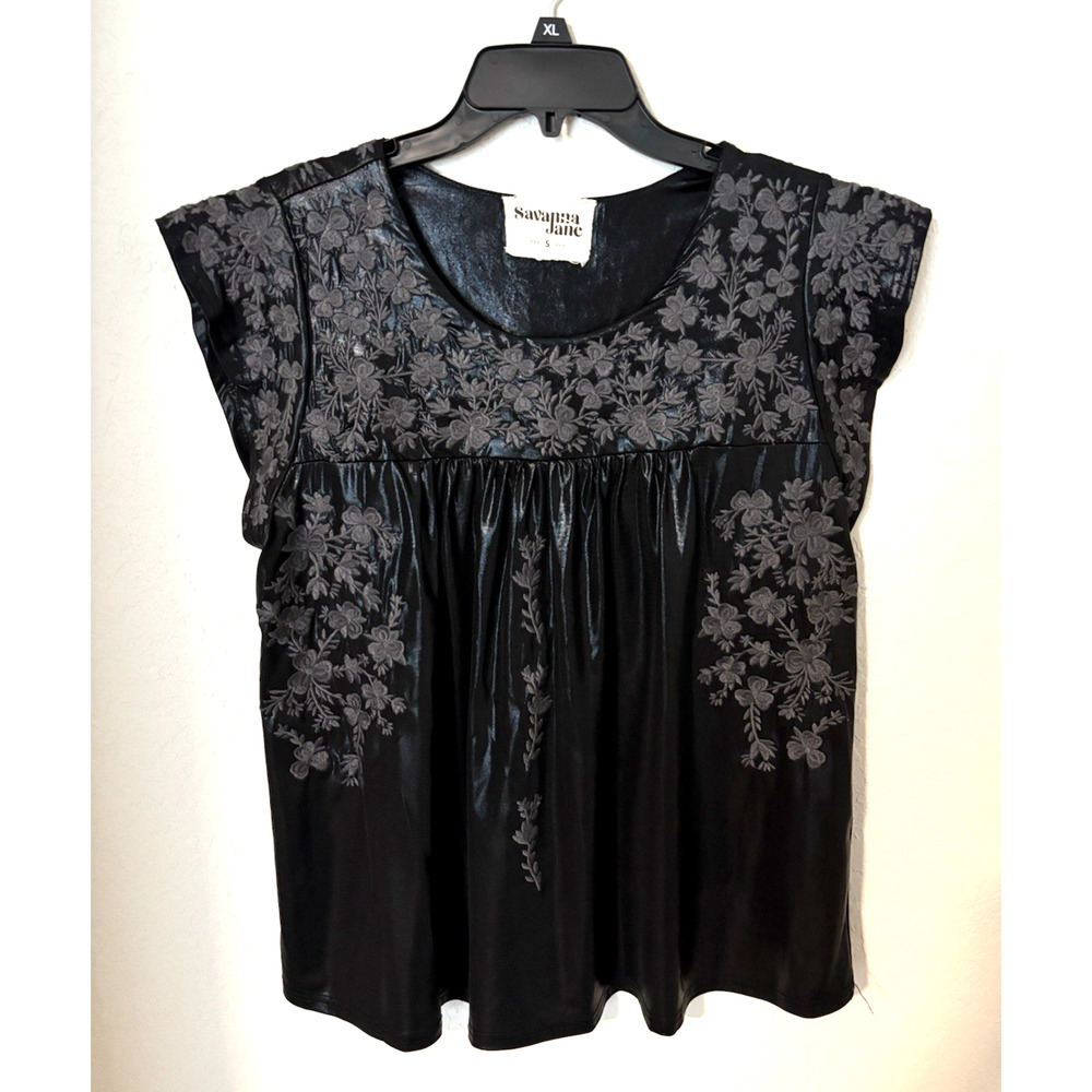 Savanna Jane Black Embroidered Shimmer Boho Top Flutter Sleeves Sz S